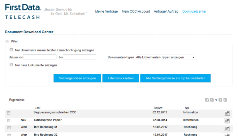 Screenshot des TeleCash CCC Download Centers