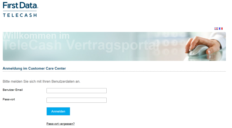 Screenshot der TeleCash Customer Care Center Login Seite