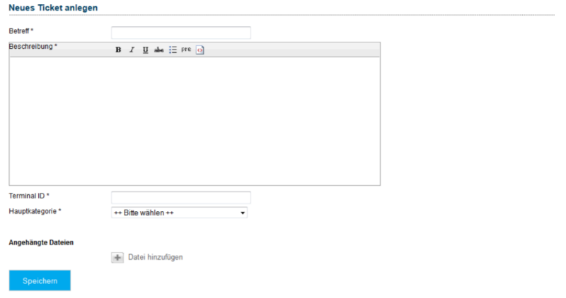 Screenshot der Erstellung eines Tickets zur Stammdatenänderung im TeleCash Customer Care Center