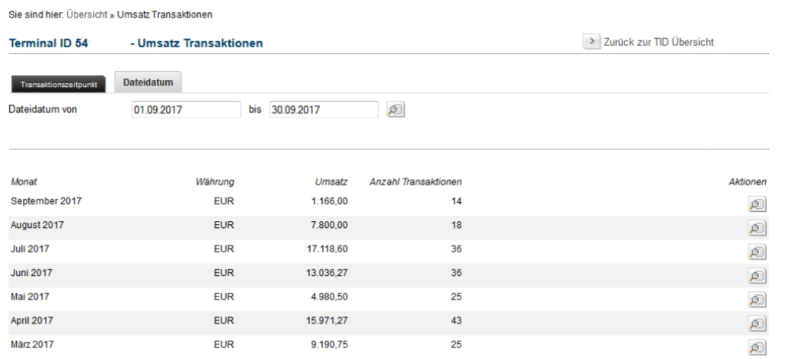 Screenshot der Transaktionsübersicht im TeleCash Customer Care Center