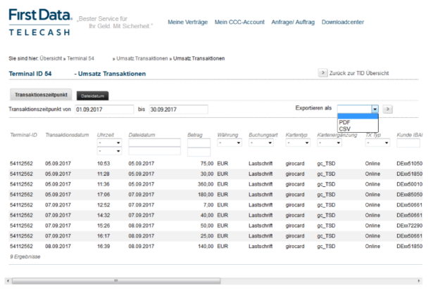 Screenshot der Filtereinstellung der Transaktionsübersicht im TeleCash Customer Care Center
