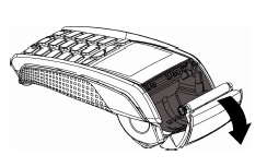 Illustration die den zweiten Schritt beim Öffnen des Druckerfachs am Ingenico Terminal zeigt