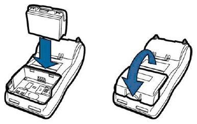 Illustration die das Einlegen des Verifone V680 Akkus darstellt