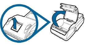 Illustration die das Öffnen der Druckerklappe am VX680 Terminal zeigt