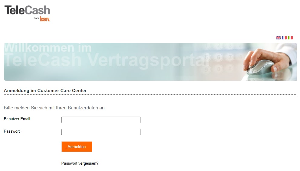 Screenshot der TeleCash Customer Care Center Login Seite