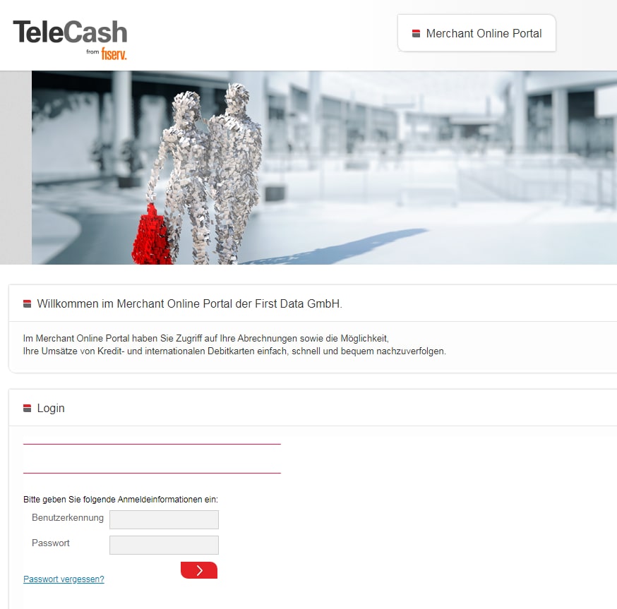 Screenshot der TeleCash Merchant Online Portal Login Seite